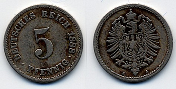 ГЕРМАНИЯ 5 ПФЕННИГОВ 1888 A, СТАРОГЕРБОВКА KM 3, J. 3 медно-никель 51-4311