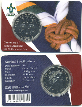 АВСТРАЛИЯ 50 ЦЕНТОВ 2008 100 ЛЕТ СКАУТСКОГО ДВИЖЕНИЯ, СКАУТЫ, В ОРИГИНАЛЬНОЙ ПЛАСТИКОВОЙ ЗАПАЙКЕ KM 1049 медно-никель ВU 06-081-75