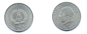 ГДР 20 марок 1971 A, 85 лет со дня рождения Эрнста Тельмана KM 34, J. 1535 медно-никель 3333-621