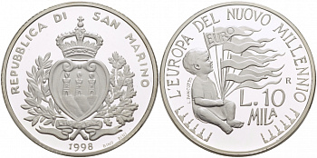 Сан-Марино 10000 лир 1998 Европа в новом тысячелетии, миллениум KM 387 серебро PROOF 1068-3-24