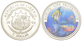 Либерия 1 доллар 1996 Защита морской жизни KM 569 медно-никель BU 00-1067-10-42