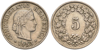 ШВЕЙЦАРИЯ 5 РАППЕНОВ 1953 B KM 26 медно-никель 188-361