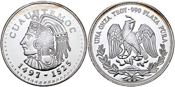 МЕКСИКА 1 УНЦИЯ ND ИНДЕЕЦ CUAUHTEMOC (1475-1525), ДИАМЕТР 40 ММ., ВЕС 1 ТРОЙСКАЯ УНЦИЯ серебро PROOF 00-00