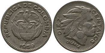 Колумбия 10 сентаво 1959 KM 212.2, Restrepo 380.7 медно-никель 4576-1032