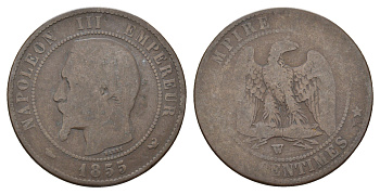 Франция 10 сантимов 1855 W, Наполеон III (1852-1870) KM 771.7 бронза 35-1135