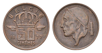 Бельгия 50 сантимов 1977 Belgie, Бодуэн I (1951-1993) KM 149 бронза 4705-266