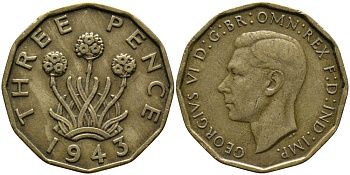 Великобритания 3 пенса 1943 Георг VI (1936-1952) KM 849, Spink 4112 никель латунь 3459-146