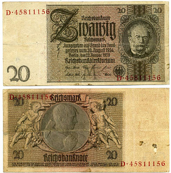 ГЕРМАНИЯ 20 РЕЙХСМАРОК 1929 Pick 181a бумага 3295-78-2