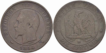 ФРАНЦИЯ 10 САНТИМОВ 1854 BB, НАПОЛЕОН III (1852-1870) KM 771.3, LE FRANC 133.12 бронза 38-933