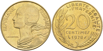 Франция 20 сантимов 1978 тип Марианна KM 930 медь алюминий никель 4116-532
