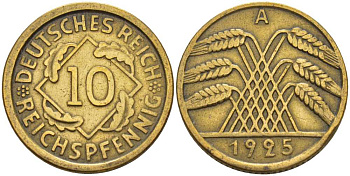 ГЕРМАНИЯ 10 РЕЙХСПФЕННИГОВ 1925 A KM 40, J. 317 алюминиевая бронза 4401-424