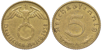 Германия 5 рейхспфеннигов 1938 A KM 91, J. 363 алюминиевая бронза 4602-1254