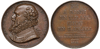 Франция медаль 1822 Максимильен де Бетюн Сюлли, глава правительства, 38,59 гр, 40,5 мм бронза 00-00