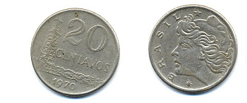 Бразилия 20 сентаво 1970 голова Свободы влево KM 579.2, Schon 84a медно-никель 51-4711