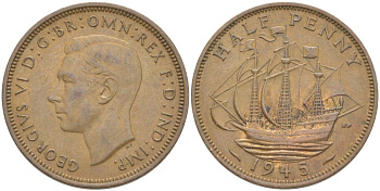 Великобритания 1/2 пенни 1945 Георг VI (1936-1952) KM 844, Spink 4115 бронза 59-1631
