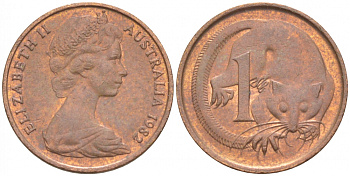 АВСТРАЛИЯ 1 ЦЕНТ 1982 ЕЛИЗАВЕТА II, МОЛОДОЙ ПОРТРЕТ, ОПОССУМ KM 62 бронза 4532-517