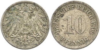 ГЕРМАНИЯ 10 ПФЕННИГОВ 1908 F KM 12, J. 13 медно-никель 210-653
