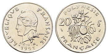 Французская Полинезия 20 франков 1991 KM 9 никель UNC 4666-527