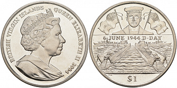 Британские Виргинские острова 1 доллар 2004 60 лет высадки десанта в Нормандии, D-DAY, морской флот KM 281 медно-никель UNC M8-10