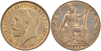 Великобритания 1/2 пенни 1924 Георг V (1910-1936) KM 809, Spink 4056 бронза 4514-854