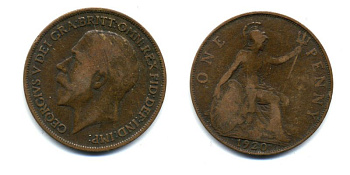 Великобритания 1 пенни 1920 Георг V (1910-1936) КМ 810, Spink 4051 бронза 47-424