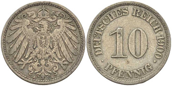 Германия 10 пфеннигов 1900 A KM 12, J. 13 медно-никель 4401-1146