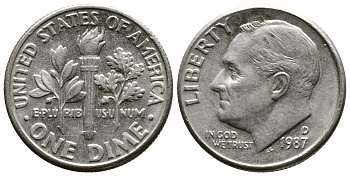 США 10 ЦЕНТОВ = 1 ДАЙМ 1987 D, РУЗВЕЛЬТ KM 195а медь плакированная медно-никелем 57-1238
