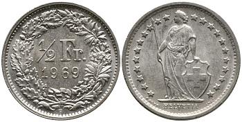 Швейцария 1/2 франка 1969 В KM 23а.1 медно-никель 4532-428