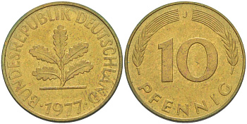 ФРГ 10 ПФЕННИГОВ 1977 J KM 108, J. 383 сталь плакированная латунью 219-516