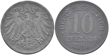 ГЕРМАНИЯ 10 ПФЕННИНГОВ 1918 KM 26, J.299, Weege 8 цинк 202-212