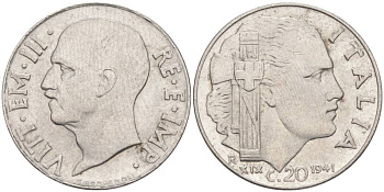 ИТАЛИЯ 20 ЧЕНТЕЗИМО 1941 R, ГОД XIX, ВИКТОР ЭММАНУИЛ III (1900-1946) KM 75b, VEM3. 1028 нержавеющая сталь 3853-1024