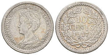 Нидерланды 10 центов 1917 Вильгельмина (1890-1948) KM 145 серебро 4151-423