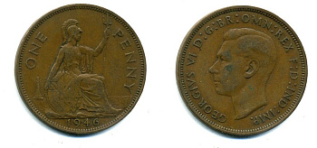 Великобритания 1 пенни 1946 Георг VI (1936-1952) KM 845, Spink 4114 бронза 37-1114