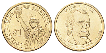 США 1 доллар 2009 Президент США - Джеймс Нокс Полк (1845-1849) KM 452 медь с марганцево-латунным покрытием UNC 4666-951