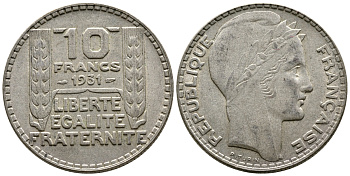 Франция 10 франков 1934 Пьер Тюрен KM 878, Le Franc 360.7 серебро 93-417