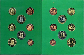 Ватикан набор из 8 монет 2005 1 евроцент-2 евро, европробники, в оригинальном буклете, Иоанн Павел II BUNC 00-00-00