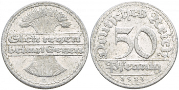 ГЕРМАНИЯ 50 ПФЕННИГОВ 1922 D KM 27, J. 301, Weege 10 алюминий 4539-746