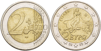 Греция 2 евро 2002 похищение Европы KM 188 биметалл 4543-133