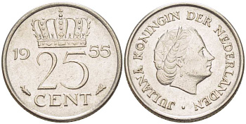 Нидерланды 25 центов 1955 Юлиана (1949-1980) KM 183 никель 3955-148