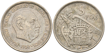Испания 5 песет 1957 (75) Франсиско Франко (1939-1975) KM 786 медно-никель    4143-211
