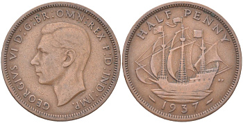 Великобритания 1/2 пенни 1937 Георг VI (1936-1952) KM 844, Spink 4115 бронза 4128-145