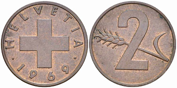 ШВЕЙЦАРИЯ 2 РАППЕНА 1969 KM 47 бронза 25-354