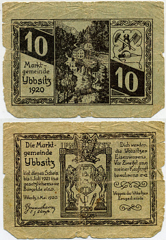 ИБЗИЦ, АВСТРИЯ 10 ГЕЛЛЕРОВ 1920 НОТГЕЛЬД, ЯРМАРОЧНАЯ КОММУНА В АВСТРИИ бумага 445-61-2-1