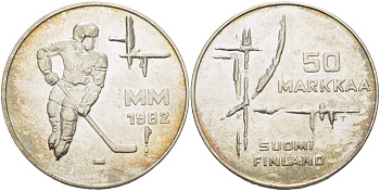 Финляндия 50 марок 1982 K-T, чемпионат мира по хоккею KM 60 серебро UNC 1527-632