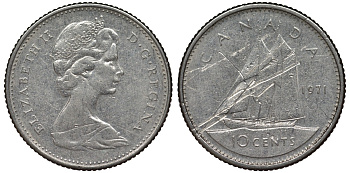 Канада 10 центов 1971 парусник, Елизавета II (1952-) KM 77.1 никель 4124-512