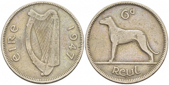ИРЛАНДИЯ 6 ПЕНСОВ 1947 ИРЛАНДСКИЙ ВОЛКОДАВ KM 13а медно-никель 3457-1261