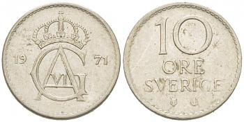 Швеция 10 эре 1971 U, Густав VI Адольф (1950-1973) КМ 835 медно-никель 3955-332