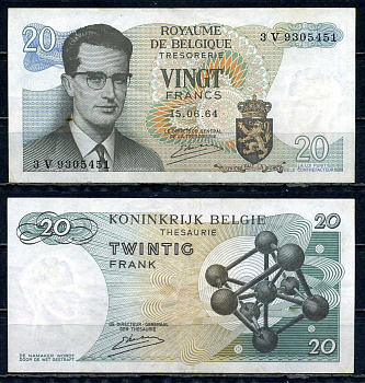 Бельгия 20 франков 1964 Бодуэн I, атомиум, Kestens Pick 138 (3) бумага 6317-26-2-2