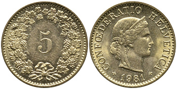 Швейцария 5 раппенов 1981 KM 26с алюминий латунь 4528-651