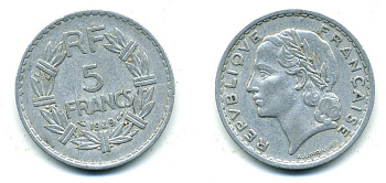 Франция 5 франков 1949 тип Лаврийе KM 888b.1, LE FRANC 339.17 алюминий 25-645